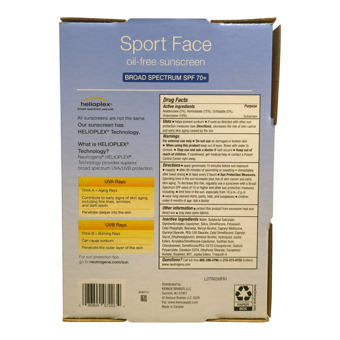 Neutrogena Sport Face Sunscreen, Oil-Free, 2.5 fl. oz., 2 Pack