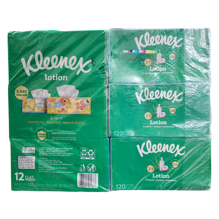 Kleenex Lotion 3 Ply Facial Tissues, 12 boxes, 120 tissues/box, Aloe Infused