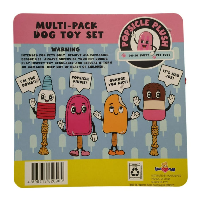 HugFun Popsicle Durable Plush Dog Toy Up to Medium Dogs, Multi-Pack, 4-Piece Set