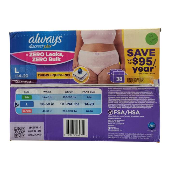 Always Discreet Plus Underwear for Women, Maximum Protection, 38 count, Large