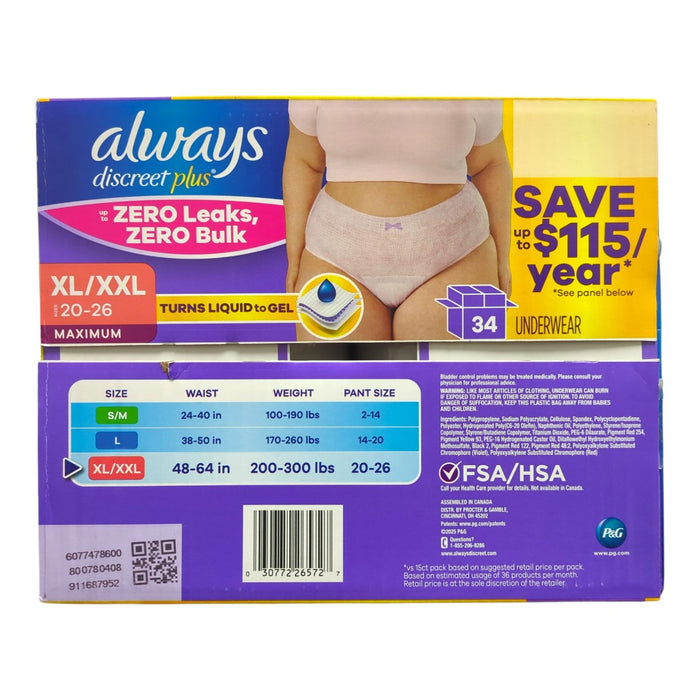 Always Discreet Plus Underwear for Women, Maximum Protection, 34ct, XL/XXL