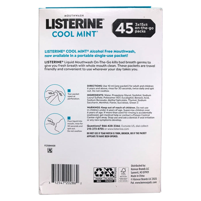 Listerine Cool Mint On-The-Go Liquid Mouthwash Packs, Alcohol Free, 45 Ct.