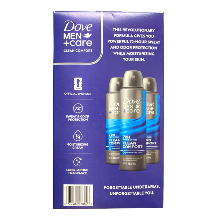 Dove Men+Care Dry Spray Antiperspirant, Clean Comfort, 3.8 oz., 3 pk.