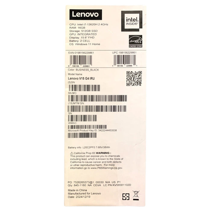 Lenovo V15 G4 15.6" FHD Laptop, Intel Core i7, 16GB RAM, 512GB SSD, Windows 11