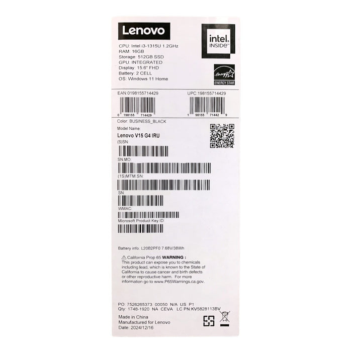 Lenovo V15 G4 15.6" FHD Windows 11 Notebook, Intel Core i3, 16GB RAM, 512GB