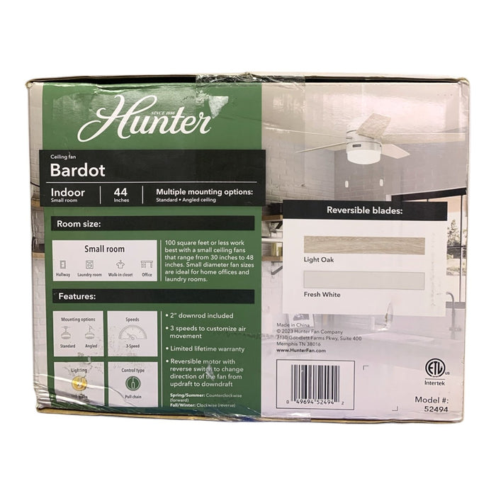Hunter Bardot 44" Indoor Ceiling Fan with Light, Reversible Blades, Fresh White
