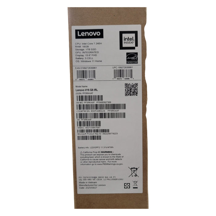 Lenovo V15 15.6" Gen 5 Intel Core 7 240H Laptop, 16GB RAM, 1TB SSD, Windows 11