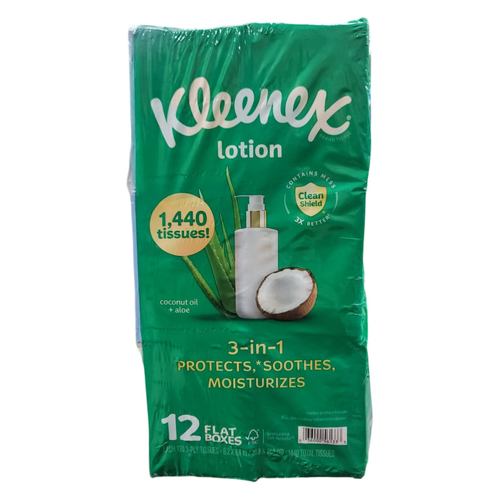 Kleenex Lotion 3 Ply Facial Tissues, 12 boxes, 120 tissues/box, Aloe Infused
