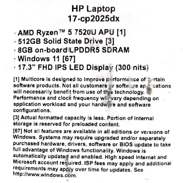HP 17.3" FHD Laptop, AMD Ryzen 5 7520U, 8GB RAM, 512GB SSD, Windows 11 Home