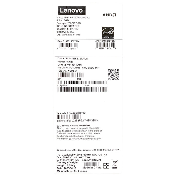 Lenovo V14 G4 14" FHD Laptop, AMD Ryzen 5 7520U, 8GB RAM, 256GB SSD, AMD Radeon