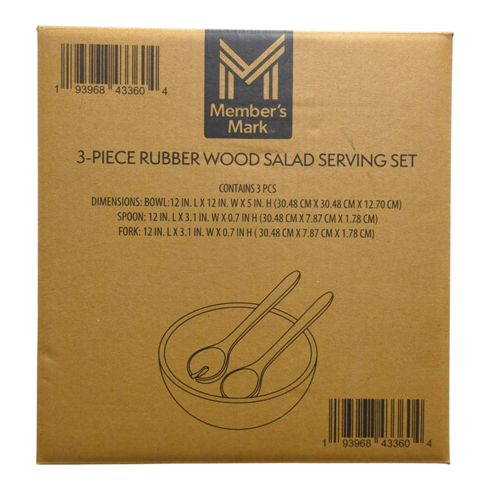 Member's Mark Durable Rubber Wood Salad Bowl with Servers, 3pc, Brown