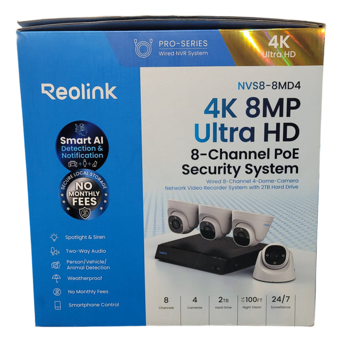 Reolink 4K 8MP Dome Cameras with 8-Channel 2TB NVR Security System, 4pk.