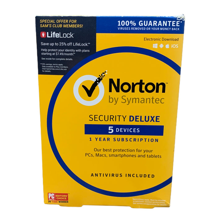 Norton by Symantec Security Deluxe, 1 Year, 5 Devices (PC, Mac, Smartphones)