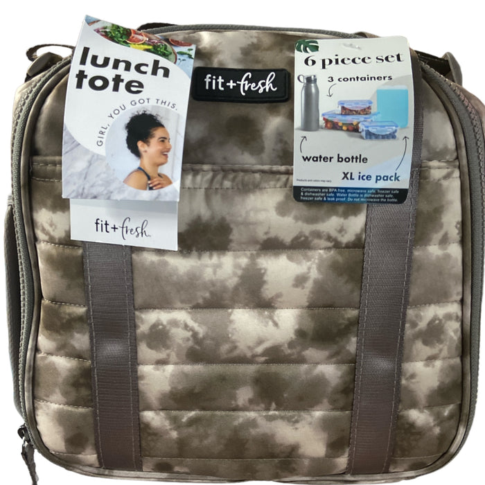 Fit & Fresh 6 Piece Deluxe Athleisure Lunch Bag Set, Warm Gray Bleach Tye Dye