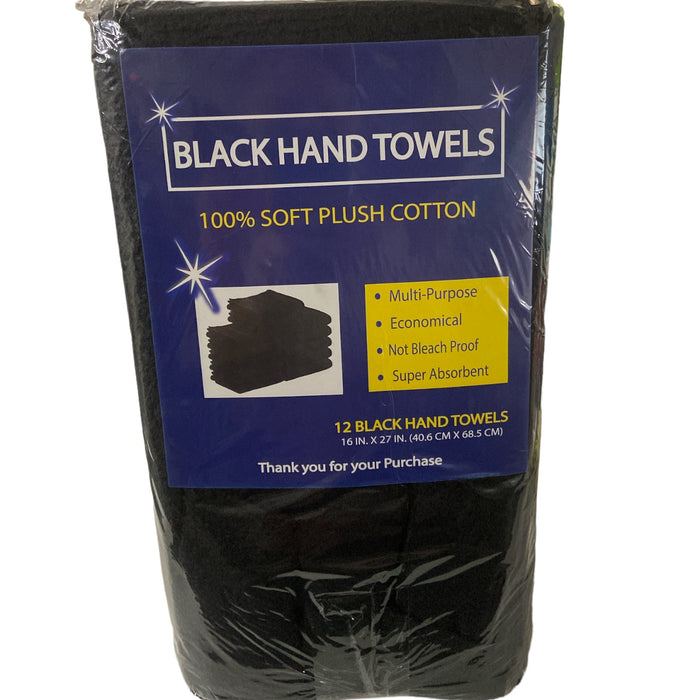 Cotton Hand Towels, 16" x 27", Black (12 Pack) Not Bleach Proof