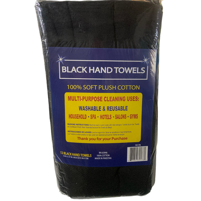 Cotton Hand Towels, 16" x 27", Black (12 Pack) Not Bleach Proof