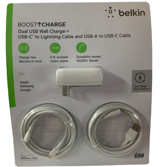 Belkin 37W Dual USB Wall Charger, USB A & C, 2 5ft Cables Included