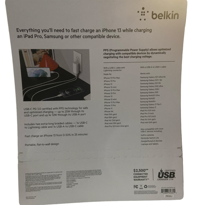 Belkin 37W Dual USB Wall Charger, USB A & C, 2 5ft Cables Included