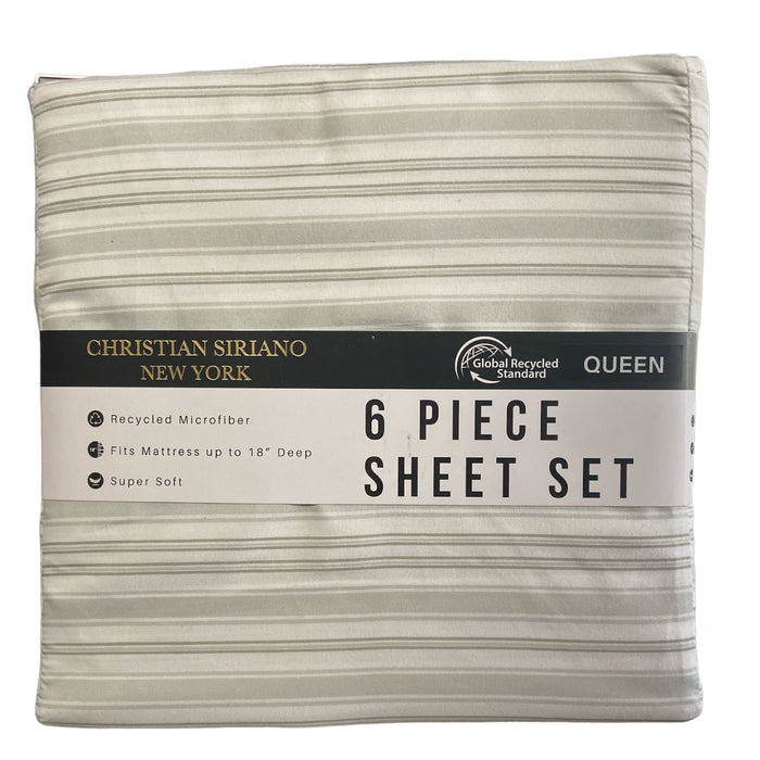 Christian Siriano New York Luxury Microfiber 6 Piece Sheet Set, Queen, Grey Stripe