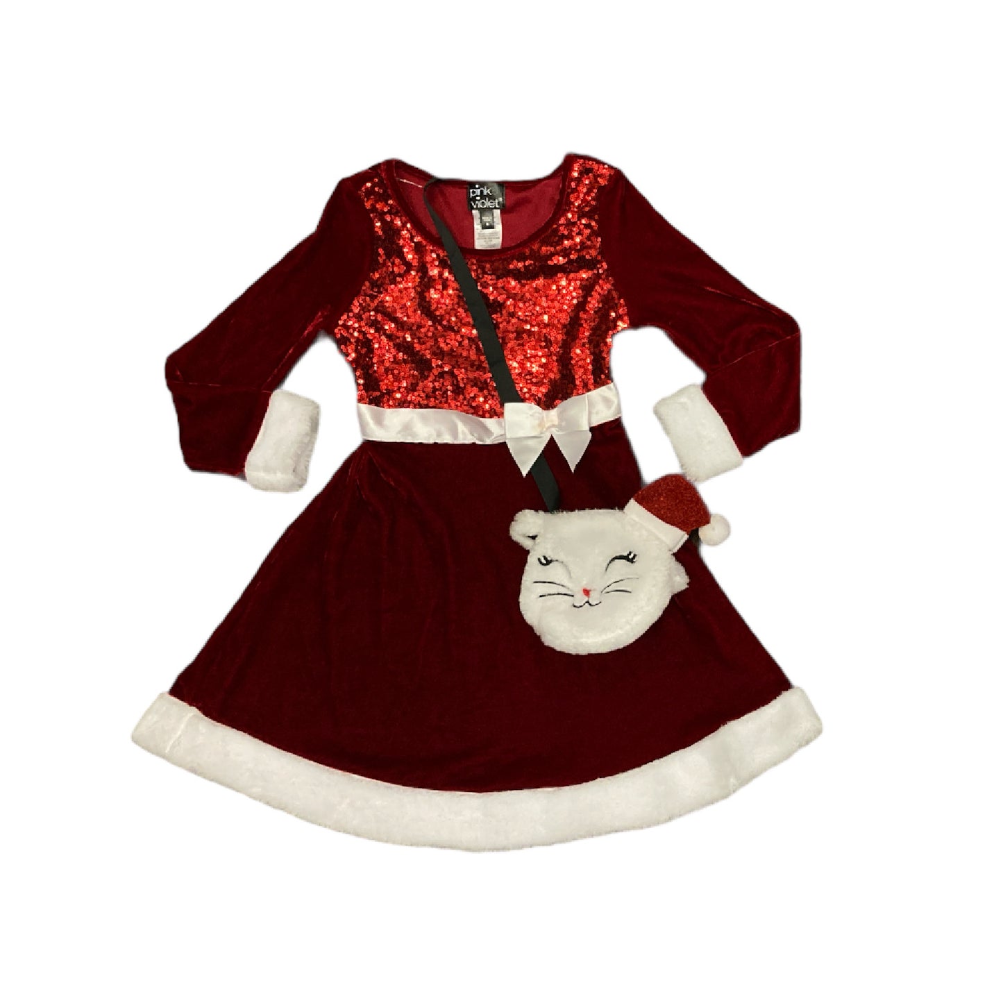 Pink & Violet Girls' Sequin Bodice Velvet Santa Holiday Dress w/ Purse