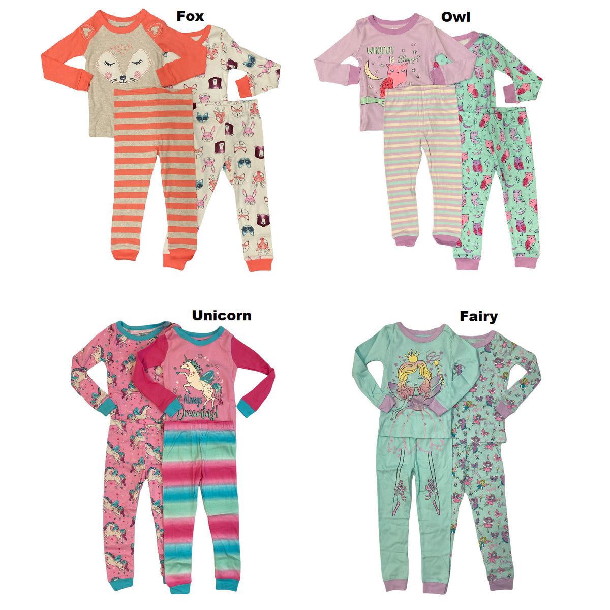 Member's Mark Girl's 4-Piece Snug Fit Mix-N-Match Pajamas Set - 100% Cotton, Short Sleeve