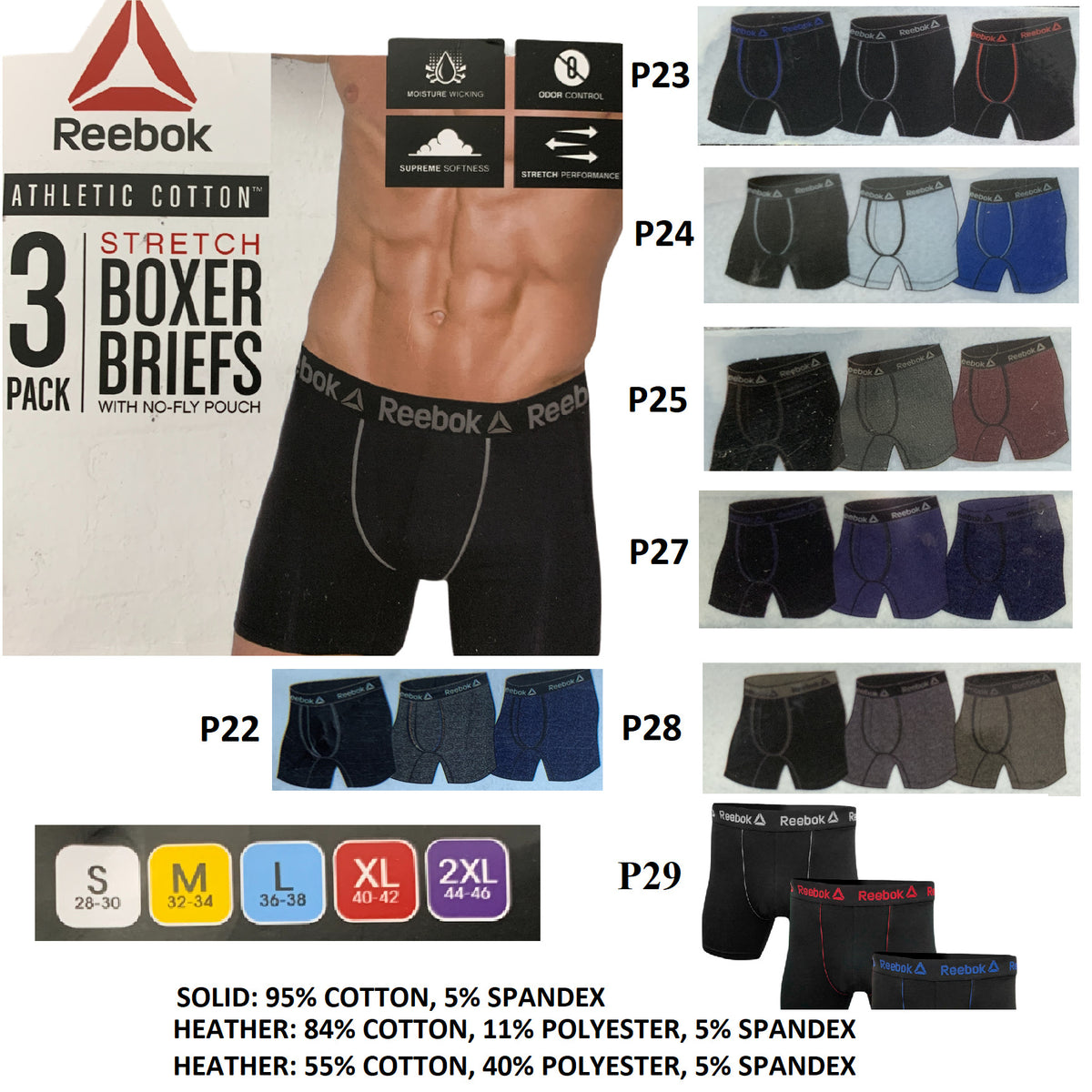 Boxer Fly Reebok Athletic Cotton Stretch Boxer Brief, No Fly-Pouch (3 Pack ...