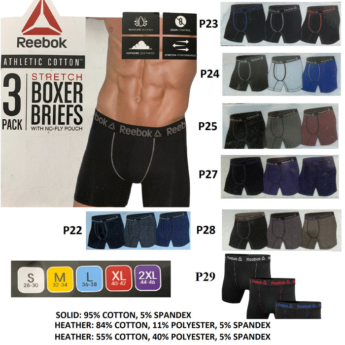 Reebok Athletic Cotton Stretch Boxer Brief, No Fly-Pouch (3 Pack)