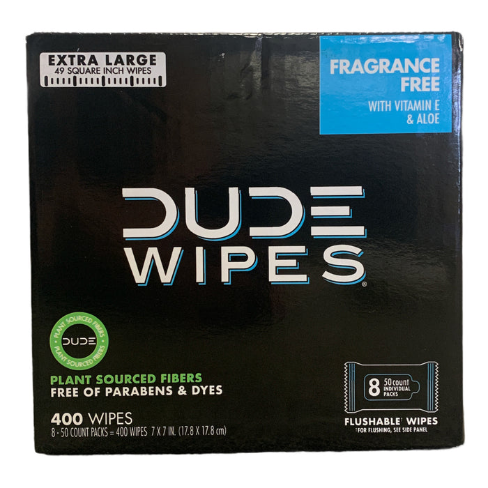 DUDE Unscented Flushable Wipes, Vitamin-E & Aloe, Septic Safe (8x 50ct each)