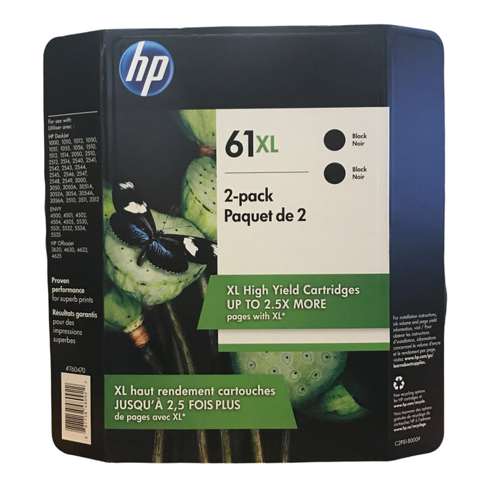 HP 61XL High Yield Original Ink Cartridge, Black (2 pk., 480 Page Yield)