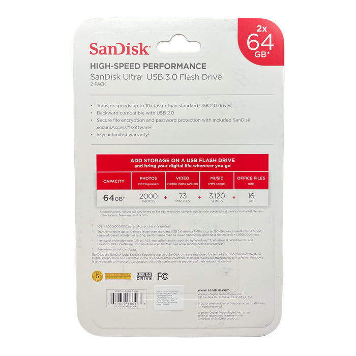 SanDisk 64GB Ultra USB 3.0 Flash Drive (2 Pack)