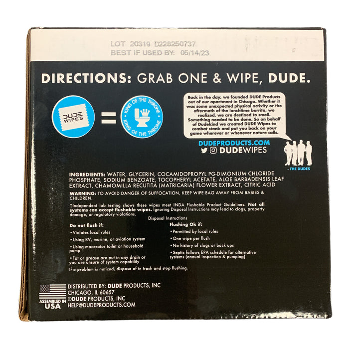 DUDE Unscented Flushable Wipes, Vitamin-E & Aloe, Septic Safe (8x 50ct each)