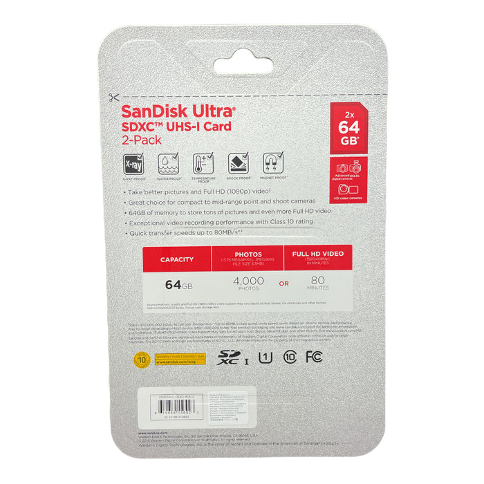 SanDisk Ultra 64GB SDXC UHS-I Class 10 Memory Card, 80MB/s (2 pack)