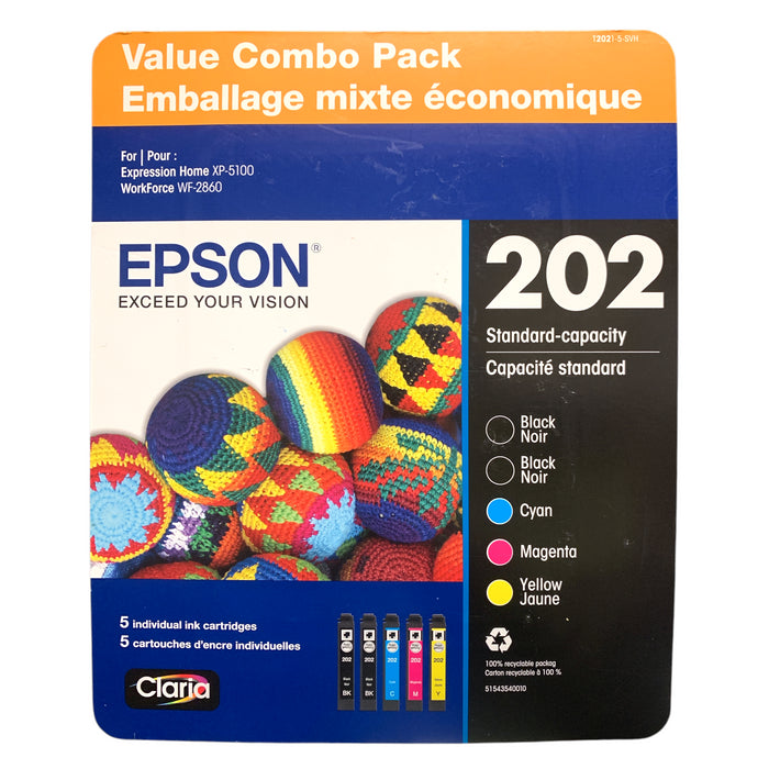 Epson T202 Standard-Capacity Ink Cartridge 5-Pack, 2 Black & Cyan/Magenta/Yellow