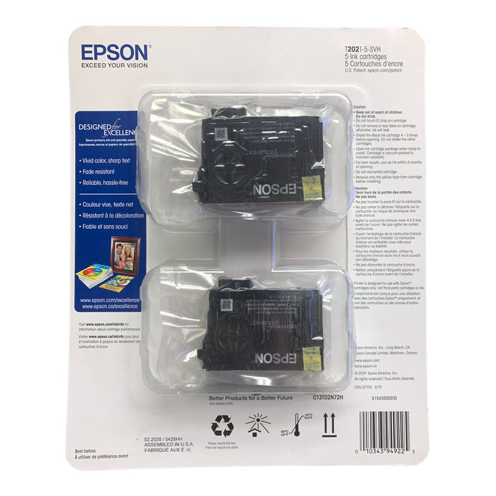 Epson T202 Standard-Capacity Ink Cartridge 5-Pack, 2 Black & Cyan/Magenta/Yellow