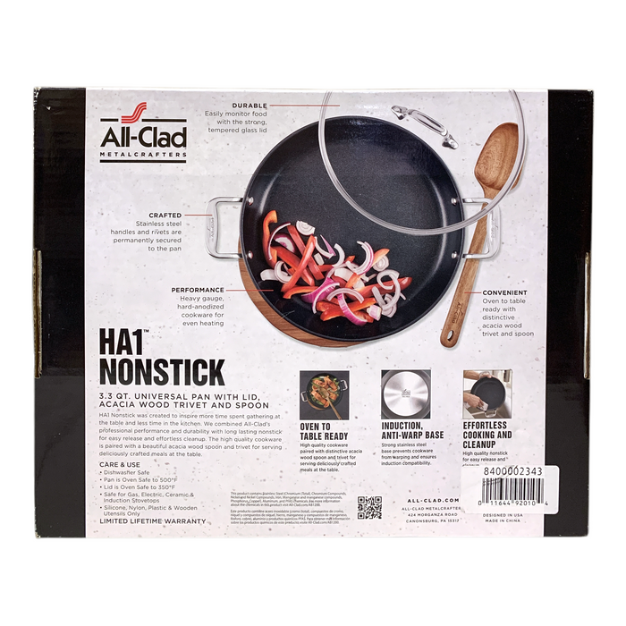 All-Clad HA1 Nonstick 3.3 Qt. Universal Pan with Lid, Acacia Wood Trivet & Spoon