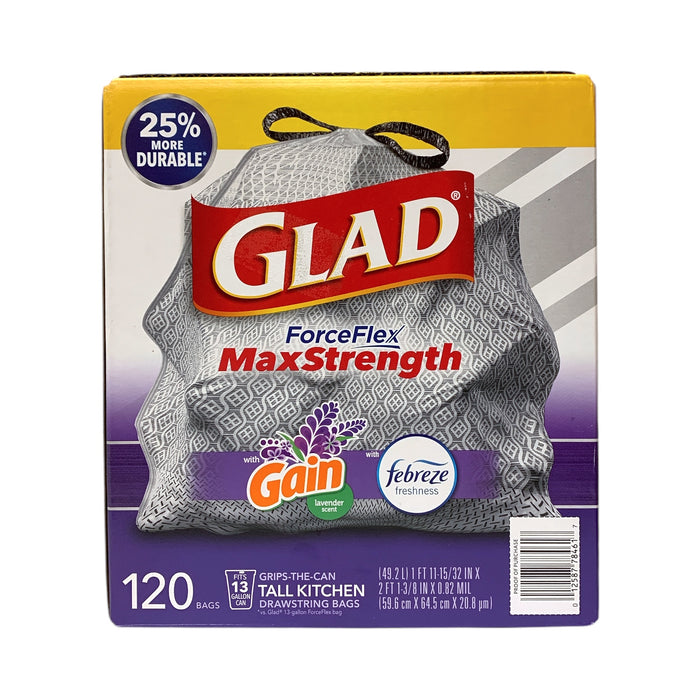 Glad ForceFlex Max Strength 13Gal. Trash Bags, Gain + Febreze, Lavender, 120ct.