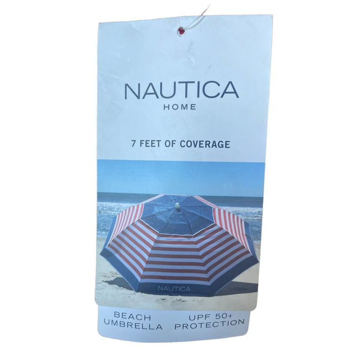 Nautica 7' Sand Anchor & Carry Bag Beach Umbrella, UPF 50+, Border Stripe