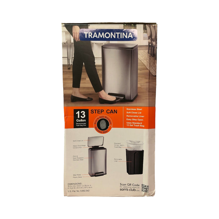 Tramontina Durable 13 Gallon Step Trash Can, Stainless Steel