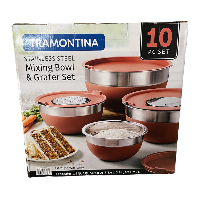 Tramontina 10 Piece Stainless Steel Mixing Bowls +Covers & Graters, Persimmon