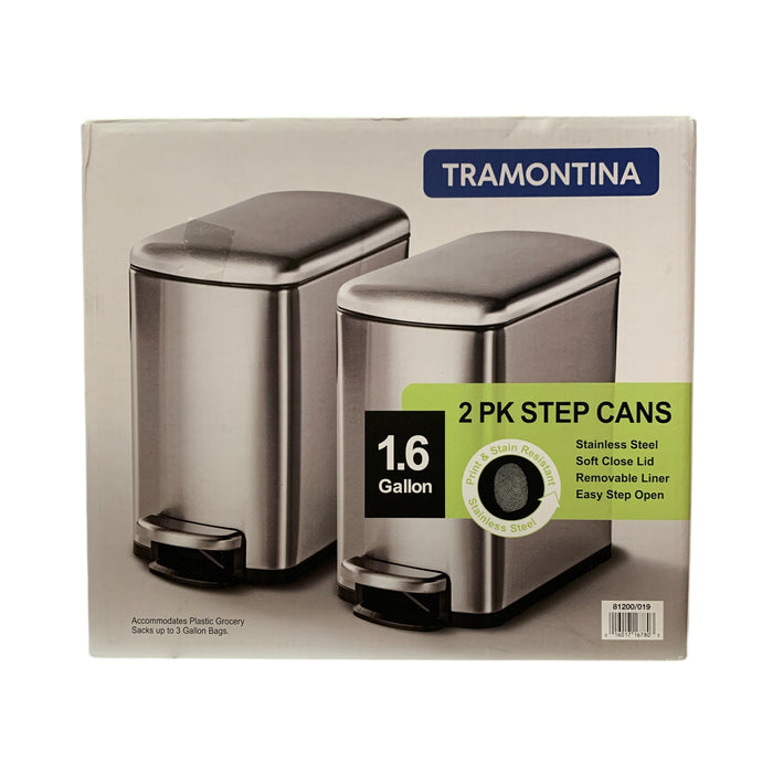 Tramontina Stainless Steel Soft Close 1.6Gal Step Trash Cans, Silver, Pack of 2