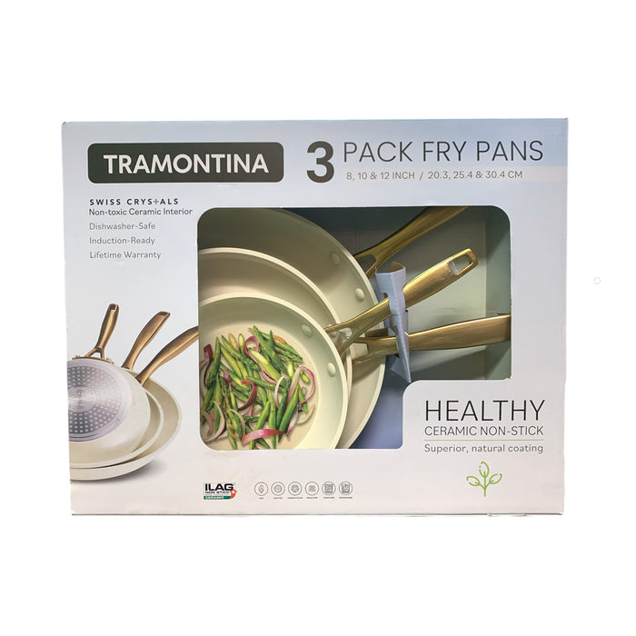 Tramontina Swiss Crystal Ceramic Interior 3-Pack Fry Pan Set, Cream & Gold