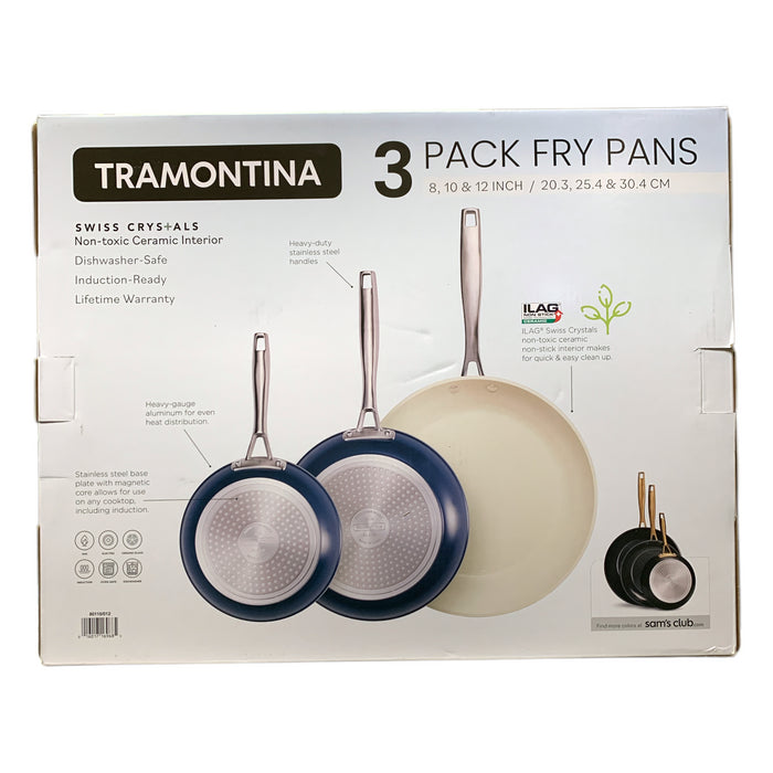 Tramontina 3-Pack Fry Pans, 8" 10" and 12", Cold-Forged, Ceramic Interior, Navy