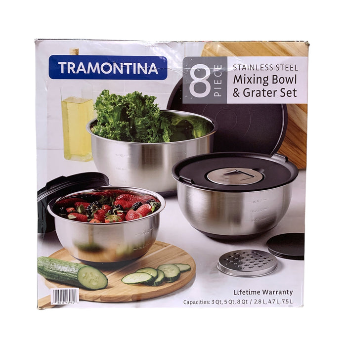 Tramontina 8-Piece Stainless Steel Mixing Bowl and Grater Set, with lids (Black)