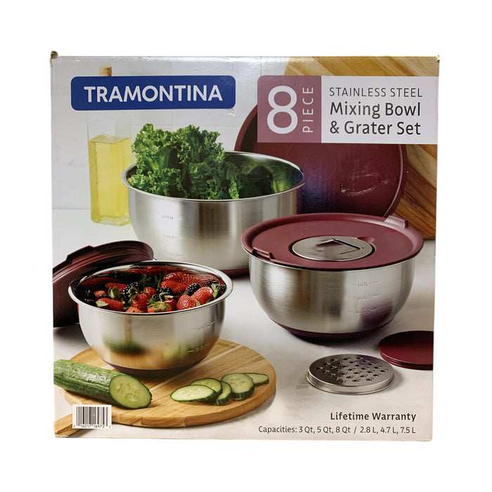 Tramontina 8-Piece Stainless Steel Mixing Bowl and Grater Set, with lids (Cranberry)