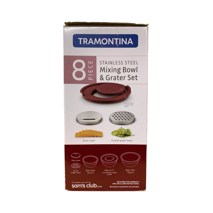 Tramontina 8-Piece Stainless Steel Mixing Bowl and Grater Set, with lids (Cranberry)