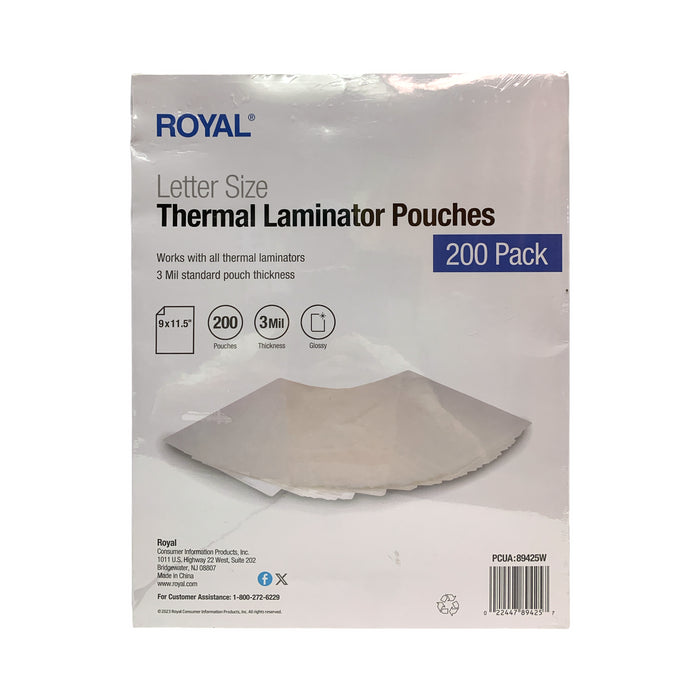 Royal Thermal Laminator Pouches, 200ct - Letter Size, Glossy, 3Mil Thickness