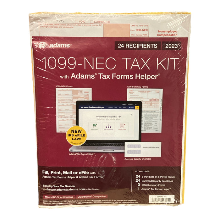 2023 Adams 22905KIT-NEC 1099-NEC Tax Forms & Envelopes 5-Part for 24 Recipients