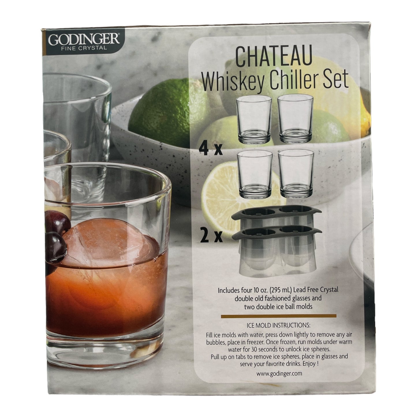 Godinger Fine Crystal Chateau Whiskey Chiller Set with Ice Mold (10oz, 6 Pieces)