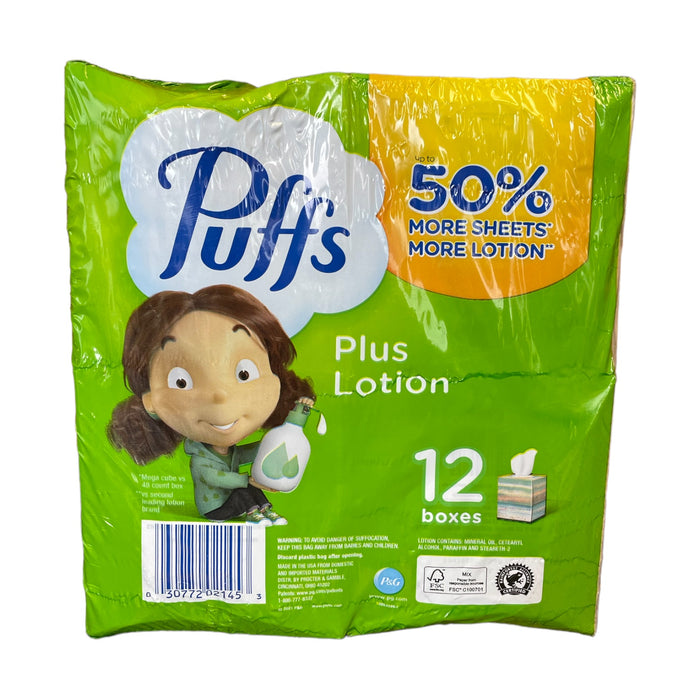 Puffs Plus Lotion Facial Tissues, 72 tissues/cube, 12 Cubes
