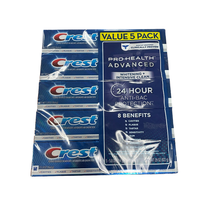 Crest Pro-Health Advanced Whitening + Intensive Clean Toothpaste, 5.8 oz, 5 pack